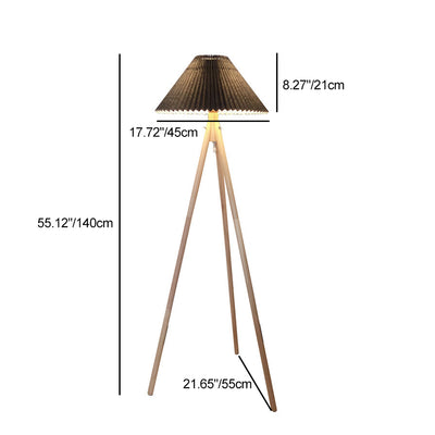 Lampe de sol contemporaine nordique en bois et tissu plissé à trépied 1 lumière pour salon et chambre 