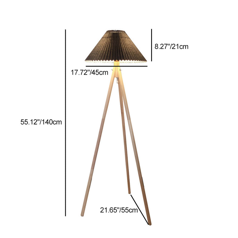 Lampe de sol contemporaine nordique en bois et tissu plissé à trépied 1 lumière pour salon et chambre 