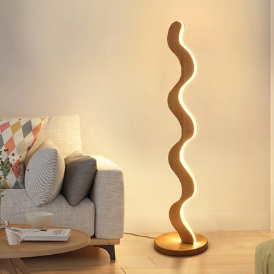 Zeitgenössische kreative Stehlampe aus Eiche & Acryl mit wellenförmigem LED-Design für Wohnzimmer und Schlafzimmer 