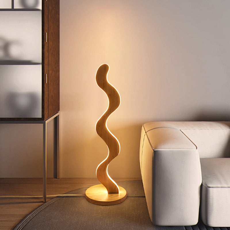 Zeitgenössische kreative Stehlampe aus Eiche & Acryl mit wellenförmigem LED-Design für Wohnzimmer und Schlafzimmer 