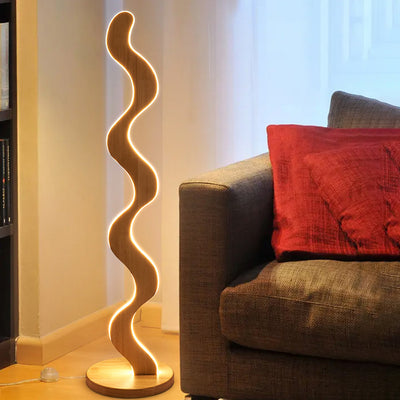 Zeitgenössische kreative Stehlampe aus Eiche & Acryl mit wellenförmigem LED-Design für Wohnzimmer und Schlafzimmer 
