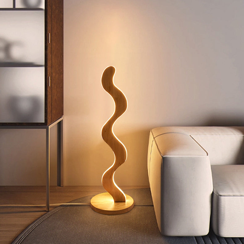 Zeitgenössische kreative Stehlampe aus Eiche & Acryl mit wellenförmigem LED-Design für Wohnzimmer und Schlafzimmer 