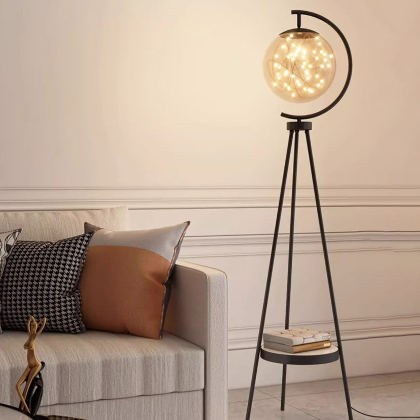 Contemporary Nordic Glass &amp; Metal Starry Globe LED Standing Floor Lamp With Shelf For Living Room And Bedroom