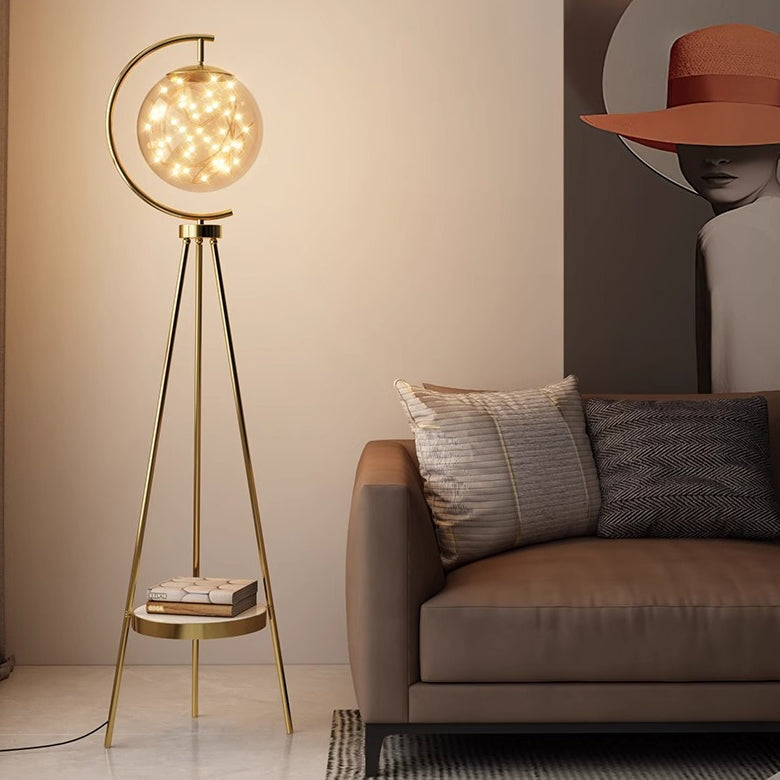 Contemporary Nordic Glass & Metal Starry Globe LED Standing Floor Lamp With Shelf For Living Room And Bedroom