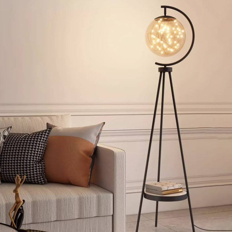 Contemporary Nordic Glass & Metal Starry Globe LED Standing Floor Lamp With Shelf For Living Room And Bedroom