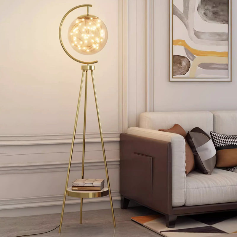 Contemporary Nordic Glass & Metal Starry Globe LED Standing Floor Lamp With Shelf For Living Room And Bedroom