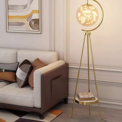 Contemporary Nordic Glass & Metal Starry Globe LED Standing Floor Lamp With Shelf For Living Room And Bedroom