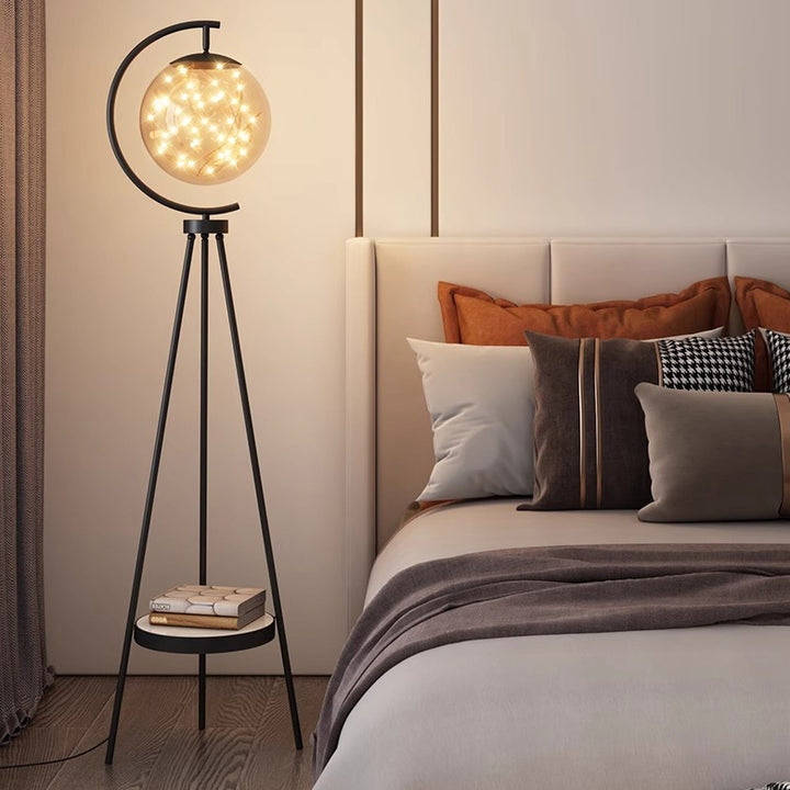 Contemporary Nordic Glass &amp; Metal Starry Globe LED Standing Floor Lamp With Shelf For Living Room And Bedroom