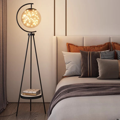 Contemporary Nordic Glass & Metal Starry Globe LED Standing Floor Lamp With Shelf For Living Room And Bedroom