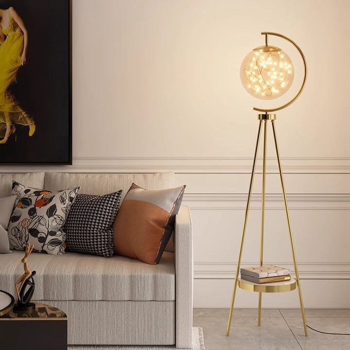 Contemporary Nordic Glass &amp; Metal Starry Globe LED Standing Floor Lamp With Shelf For Living Room And Bedroom