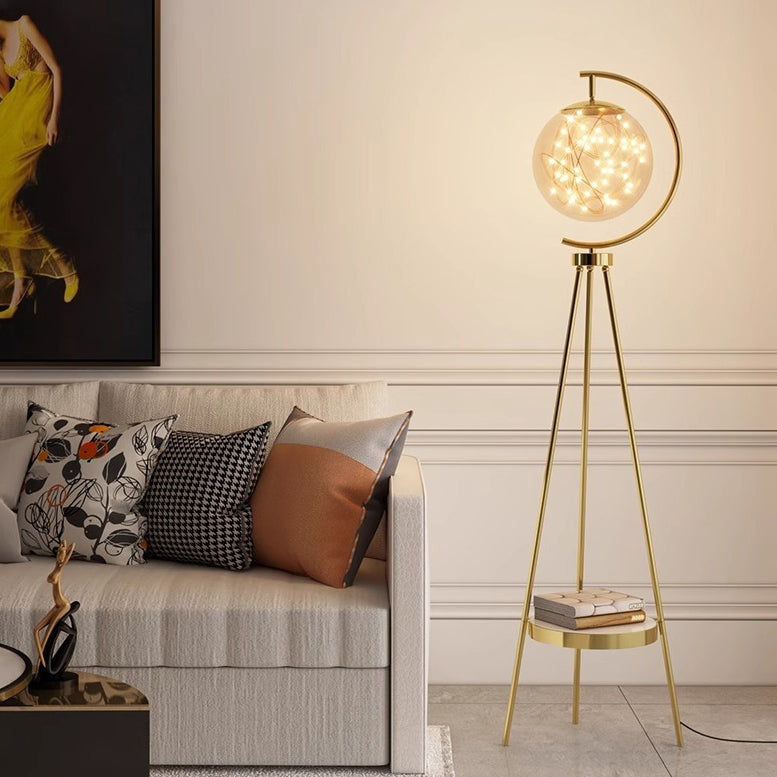 Contemporary Nordic Glass & Metal Starry Globe LED Standing Floor Lamp With Shelf For Living Room And Bedroom