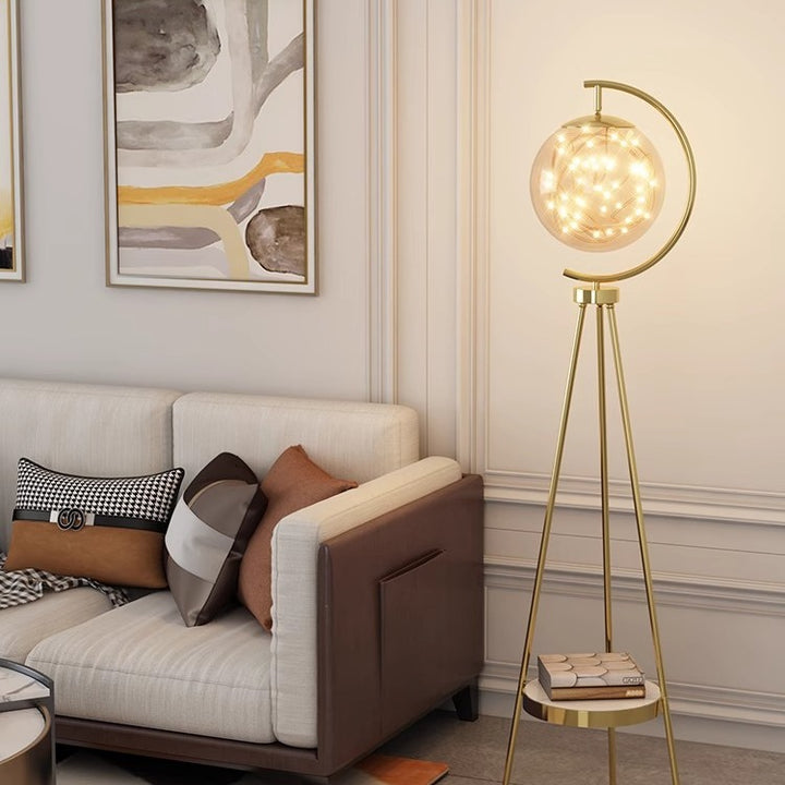 Contemporary Nordic Glass &amp; Metal Starry Globe LED Standing Floor Lamp With Shelf For Living Room And Bedroom