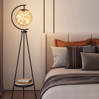 Contemporary Nordic Glass & Metal Starry Globe LED Standing Floor Lamp With Shelf For Living Room And Bedroom