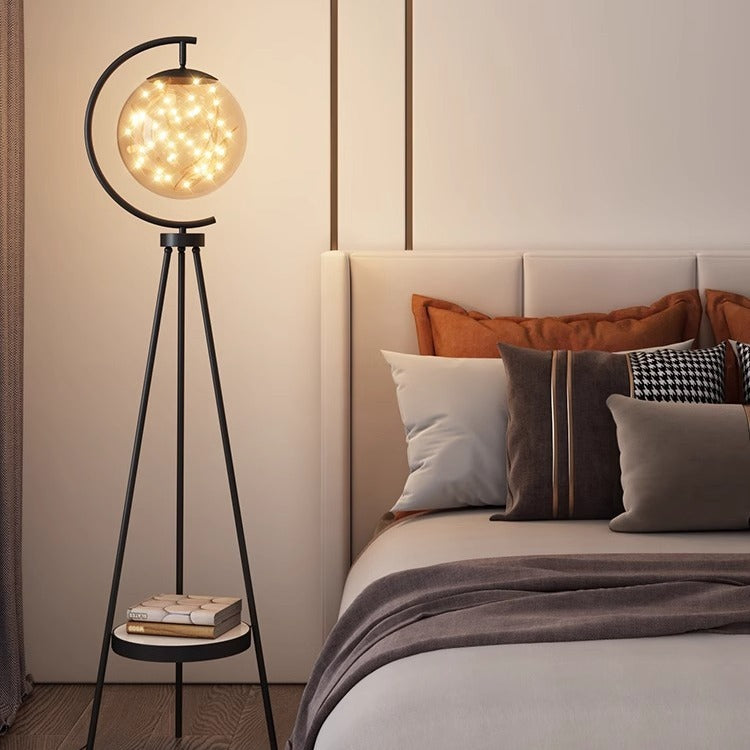 Contemporary Nordic Glass & Metal Starry Globe LED Standing Floor Lamp With Shelf For Living Room And Bedroom