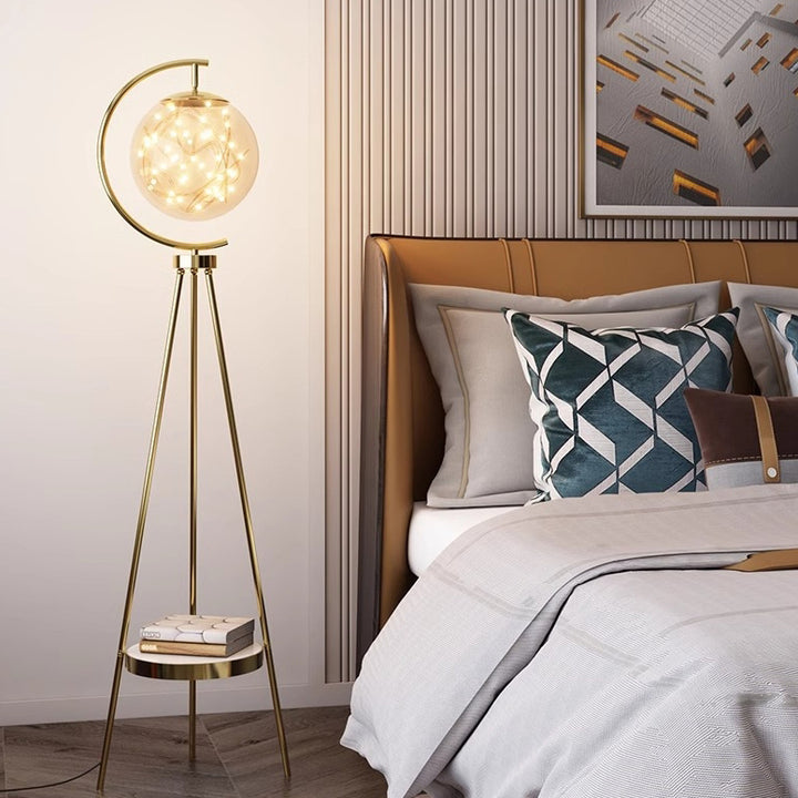 Contemporary Nordic Glass &amp; Metal Starry Globe LED Standing Floor Lamp With Shelf For Living Room And Bedroom