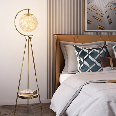 Contemporary Nordic Glass & Metal Starry Globe LED Standing Floor Lamp With Shelf For Living Room And Bedroom