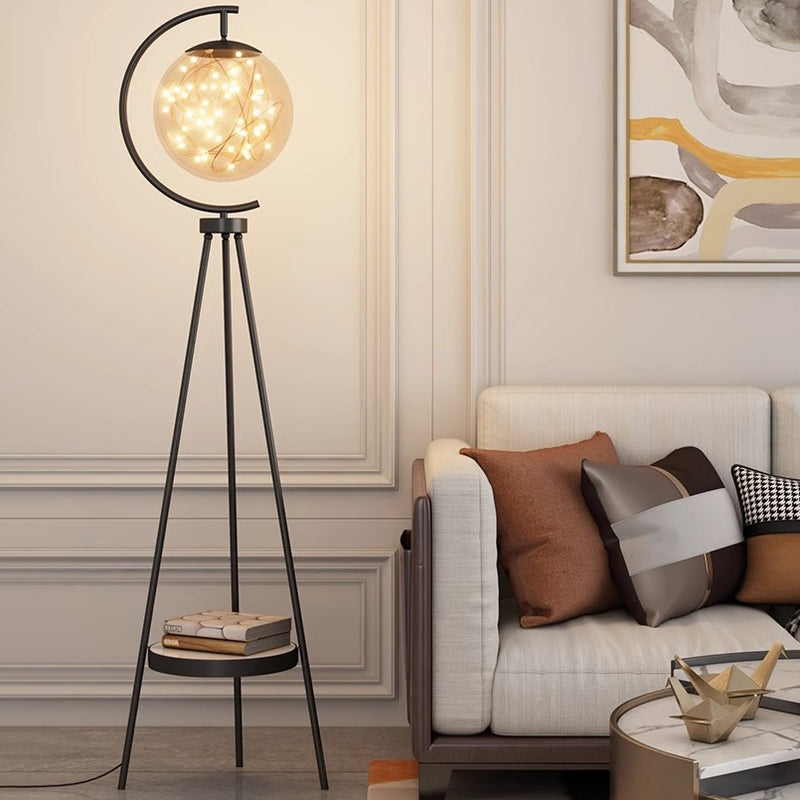 Contemporary Nordic Glass & Metal Starry Globe LED Standing Floor Lamp With Shelf For Living Room And Bedroom