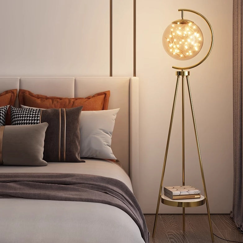 Contemporary Nordic Glass & Metal Starry Globe LED Standing Floor Lamp With Shelf For Living Room And Bedroom
