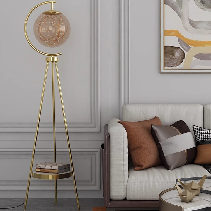 Contemporary Nordic Glass &amp; Metal Starry Globe LED Standing Floor Lamp With Shelf For Living Room And Bedroom