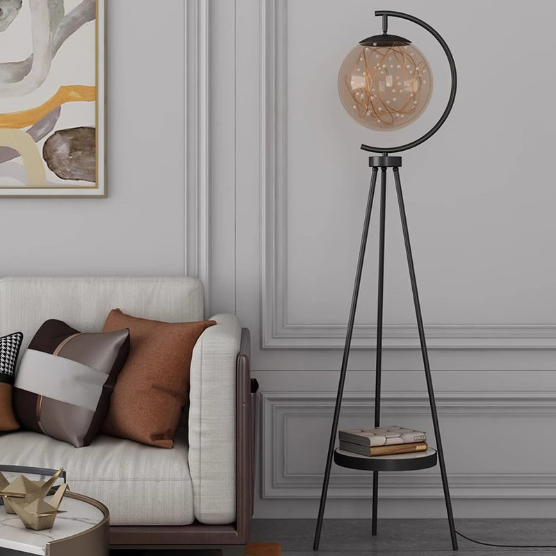 Contemporary Nordic Glass & Metal Starry Globe LED Standing Floor Lamp With Shelf For Living Room And Bedroom