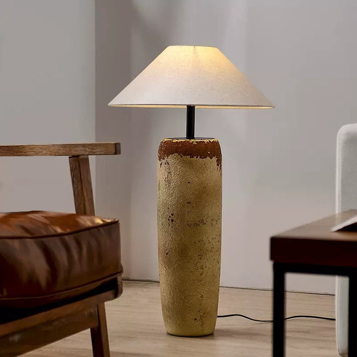 Traditional Japanese Ceramic &amp; Fabric Jar-Shaped 1-Light Standing Floor Lamp For Living Room