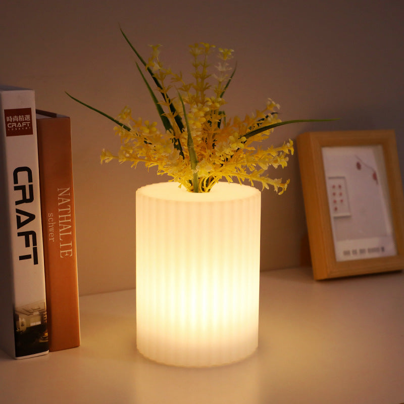 Contemporary Nordic Rechargeable PE Gourd & Striped Cylinder Flower Vase LED Table Lamp Night Light For Bedside