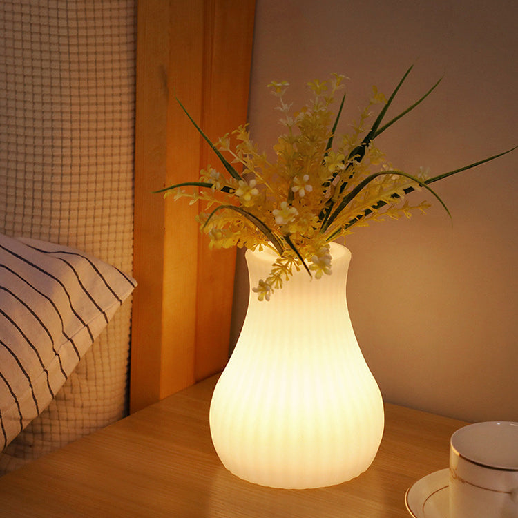 Contemporary Nordic Rechargeable PE Gourd & Striped Cylinder Flower Vase LED Table Lamp Night Light For Bedside