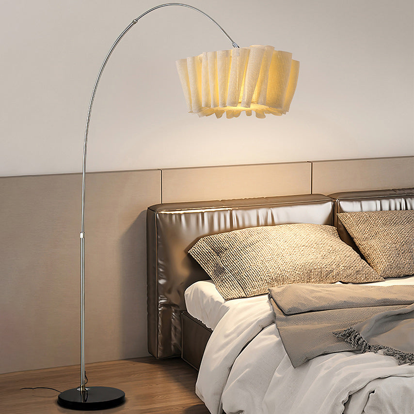 Lampe de sol traditionnelle japonaise en marbre, tissu et métal plissé à 1 lumière pour salon et chambre 