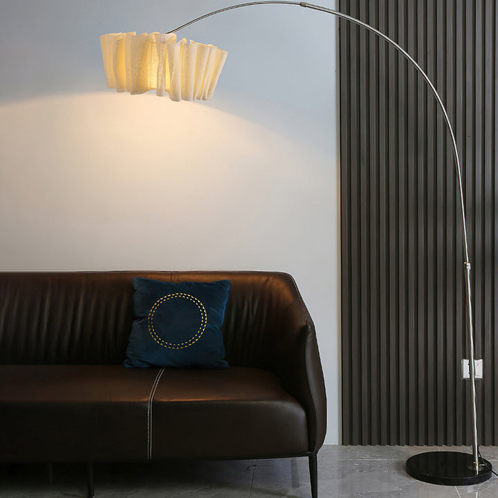 Lampe de sol traditionnelle japonaise en marbre, tissu et métal plissé à 1 lumière pour salon et chambre 