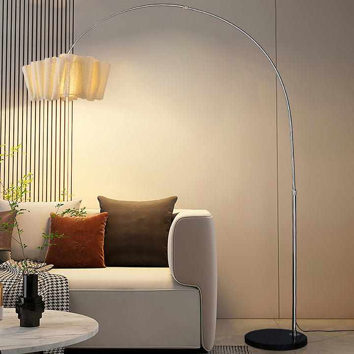 Lampe de sol traditionnelle japonaise en marbre, tissu et métal plissé à 1 lumière pour salon et chambre 