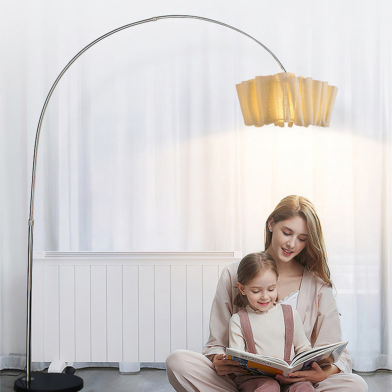 Lampe de sol traditionnelle japonaise en marbre, tissu et métal plissé à 1 lumière pour salon et chambre 