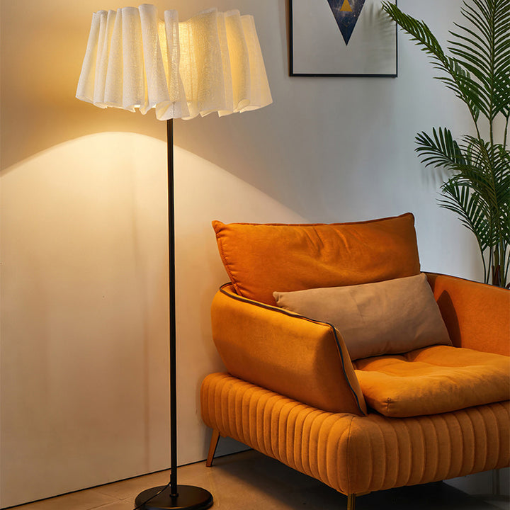 Lampe de sol traditionnelle japonaise en marbre, tissu et métal plissé à 1 lumière pour salon et chambre 