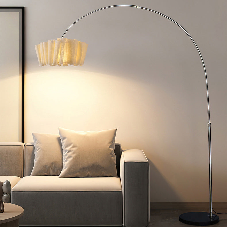 Lampe de sol traditionnelle japonaise en marbre, tissu et métal plissé à 1 lumière pour salon et chambre 