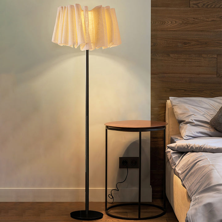 Lampe de sol traditionnelle japonaise en marbre, tissu et métal plissé à 1 lumière pour salon et chambre 