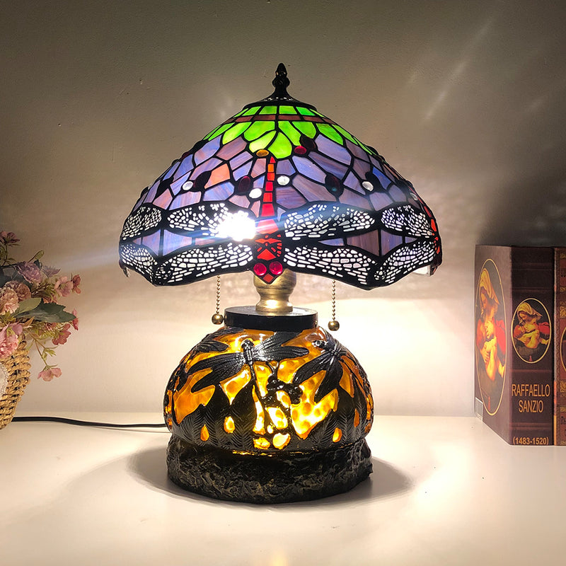 Traditionelle Tiffany Glas & Harz Libelle 3-Licht Tischlampe für Wohnzimmer und Schlafzimmer 