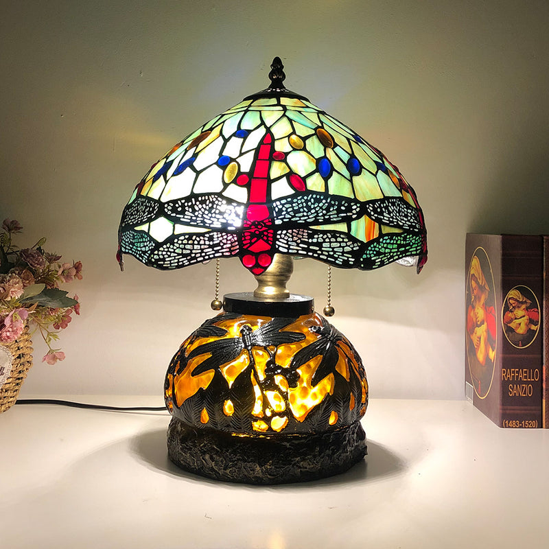 Traditionelle Tiffany Glas & Harz Libelle 3-Licht Tischlampe für Wohnzimmer und Schlafzimmer 