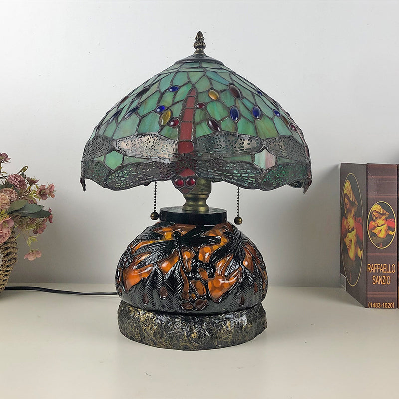 Traditionelle Tiffany Glas & Harz Libelle 3-Licht Tischlampe für Wohnzimmer und Schlafzimmer 