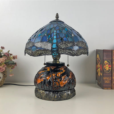 Traditionelle Tiffany Glas & Harz Libelle 3-Licht Tischlampe für Wohnzimmer und Schlafzimmer 