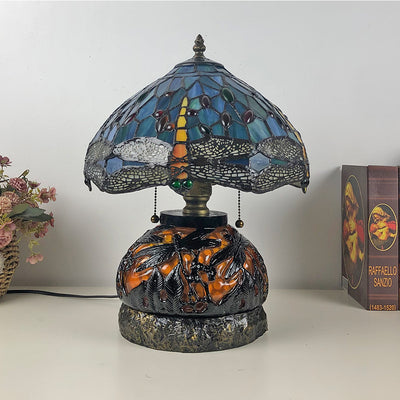 Traditionelle Tiffany Glas & Harz Libelle 3-Licht Tischlampe für Wohnzimmer und Schlafzimmer 