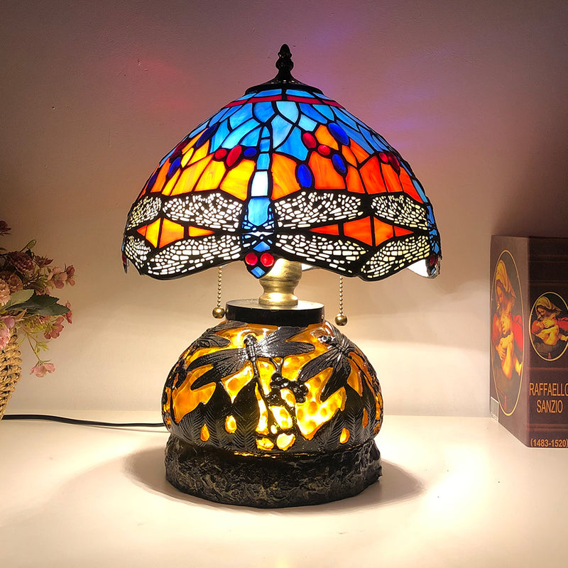 Traditionelle Tiffany Glas & Harz Libelle 3-Licht Tischlampe für Wohnzimmer und Schlafzimmer 