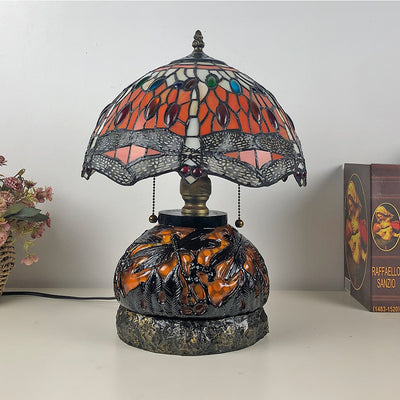 Traditionelle Tiffany Glas & Harz Libelle 3-Licht Tischlampe für Wohnzimmer und Schlafzimmer 
