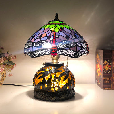 Traditionelle Tiffany Glas & Harz Libelle 3-Licht Tischlampe für Wohnzimmer und Schlafzimmer 
