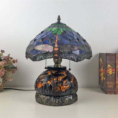 Traditionelle Tiffany Glas & Harz Libelle 3-Licht Tischlampe für Wohnzimmer und Schlafzimmer 