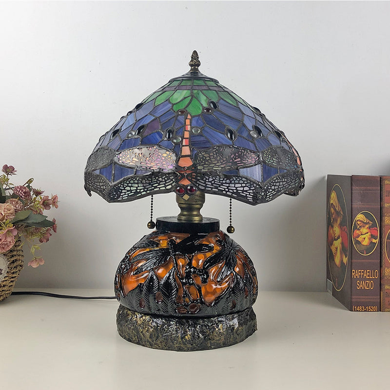 Traditionelle Tiffany Glas & Harz Libelle 3-Licht Tischlampe für Wohnzimmer und Schlafzimmer 