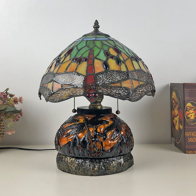 Traditionelle Tiffany Glas & Harz Libelle 3-Licht Tischlampe für Wohnzimmer und Schlafzimmer 