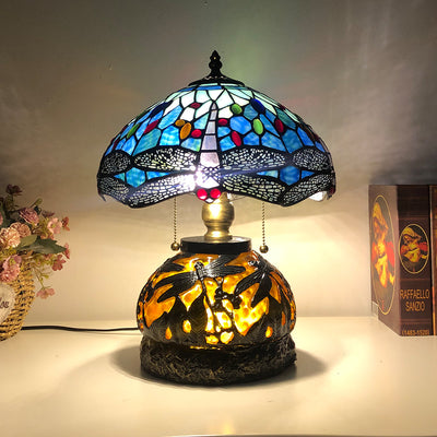Traditionelle Tiffany Glas & Harz Libelle 3-Licht Tischlampe für Wohnzimmer und Schlafzimmer 