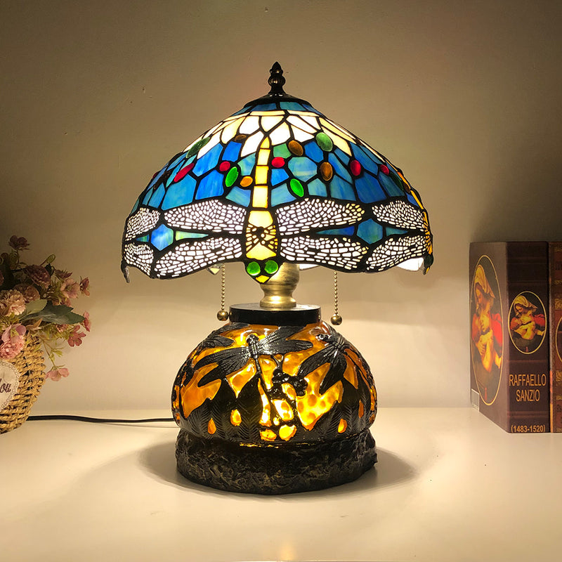 Traditionelle Tiffany Glas & Harz Libelle 3-Licht Tischlampe für Wohnzimmer und Schlafzimmer 
