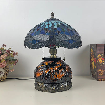 Traditionelle Tiffany Glas & Harz Libelle 3-Licht Tischlampe für Wohnzimmer und Schlafzimmer 