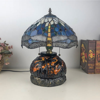 Traditionelle Tiffany Glas & Harz Libelle 3-Licht Tischlampe für Wohnzimmer und Schlafzimmer 