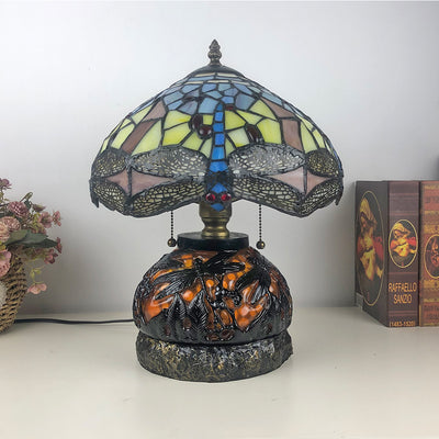 Traditionelle Tiffany Glas & Harz Libelle 3-Licht Tischlampe für Wohnzimmer und Schlafzimmer 
